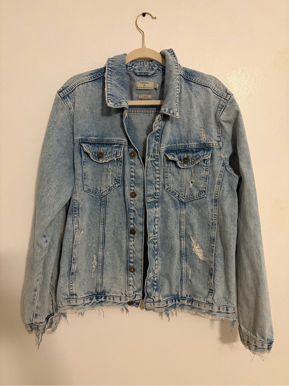 Topman Denim Jacket Men’s Light Blue Classic Distressed Button Front Size XL